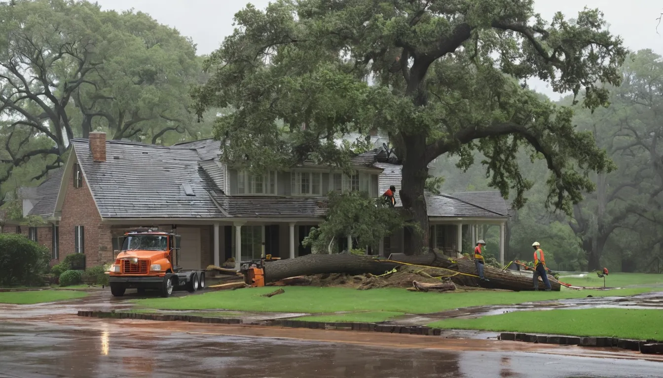 Local provider crew safely clearing a fallen tree from a house roof in Rowlett