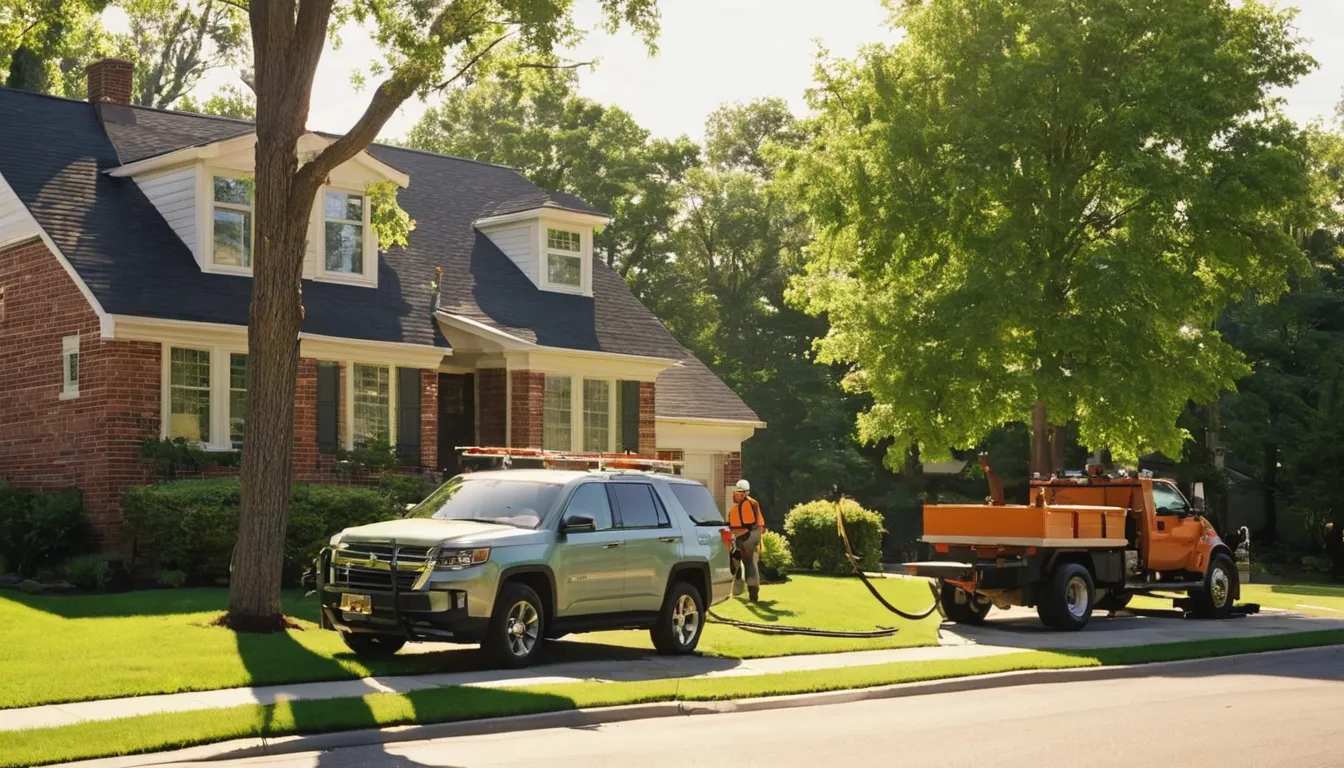 A tree removal provider working on a large tree beside a home in Rowlett