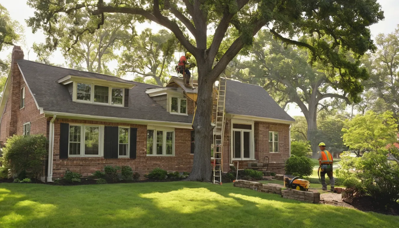 Local tree removal provider lowering a section of a large oak beside an older brick home in Rowlett